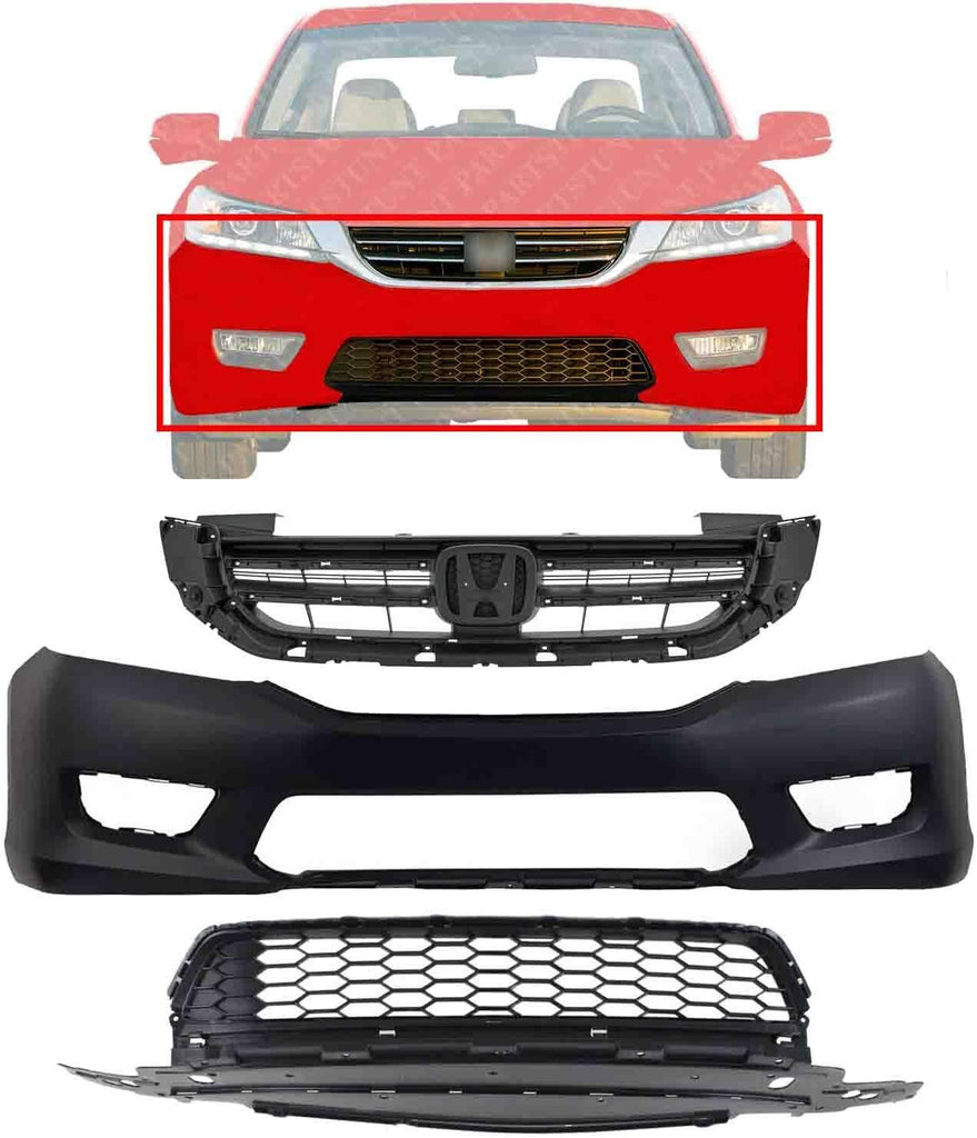Front Bumper Cover Primed + Upper & Lower Grill For 2013-2015 Honda Accord Sedan