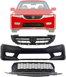 Front Bumper Cover Primed + Upper & Lower Grill For 2013-2015 Honda Accord Sedan