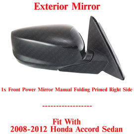 Front Power Mirror Manual Folding Primed Right Side For 2008-2012 Honda Accord