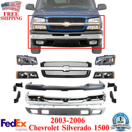 Front Bumper Chrome Steel + Headlight with Grille Kit For 2003-06 Silverado 1500