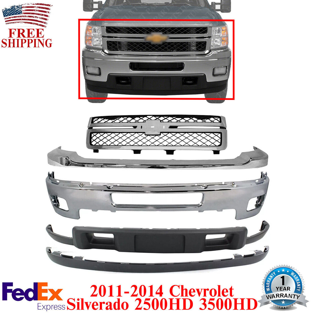Front Chrome Bumper Kit with Grille For 2011-2014 Chevy Silverado 2500HD 3500HD