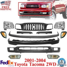 Front Bumper Kit Primed + Grille + Headlights For 2001-2004 Toyota Tacoma 2WD