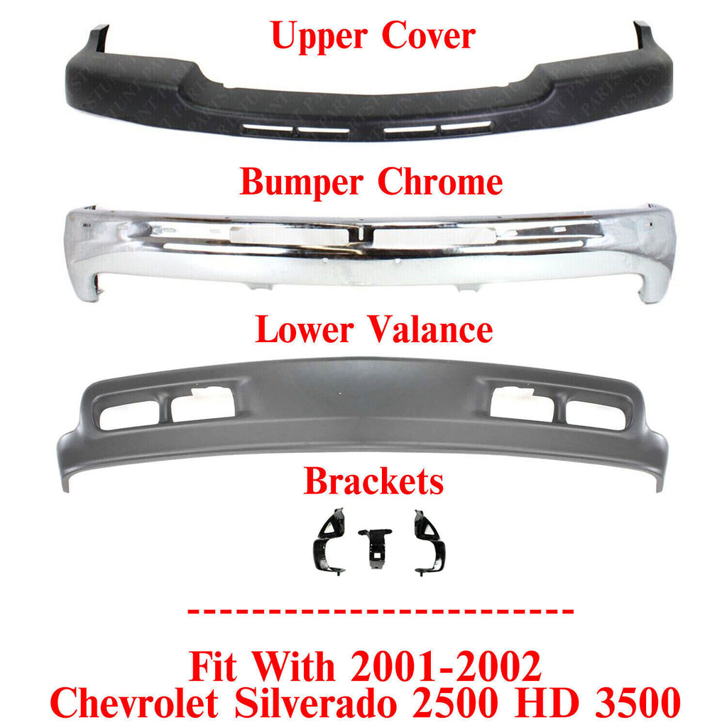 Front Bumper Chrome Steel Kit w/ Brackets For 01-02 Chevy Silverado 2500HD 3500