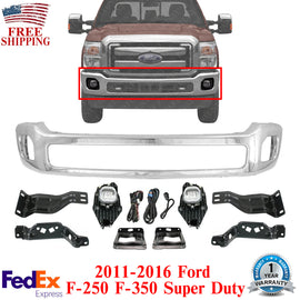 Front Bumper Chrome + Brackets + Fog Light For 11-16 Ford F-250 F-350 Super Duty