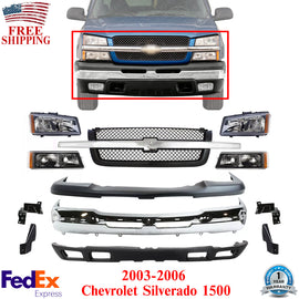 Front Bumper Chrome Steel + Headlight with Grille Kit For 2003-06 Silverado 1500