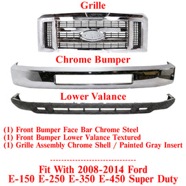 Front Bumper Chrome + Valance +Grille For 2008-2014 Ford E-150 E-250 E-350 E-450
