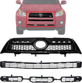 Front Bumper Grille + Upper Grille & Lower Grille For 2009-2012 Toyota RAV4