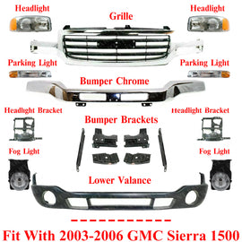 Front Chrome Bumper Kit with Brackets For 2003-2006 GMC Sierra 1500