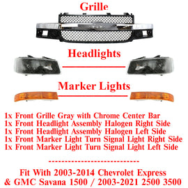 Front Grille Assembly + Headlight Kit For 2003-21 Chevy Express / GMC Savana Van