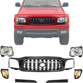 Front Grille Assembly Kit 7pcs For 2001-2004 Toyota Tacoma with Headlight Filler