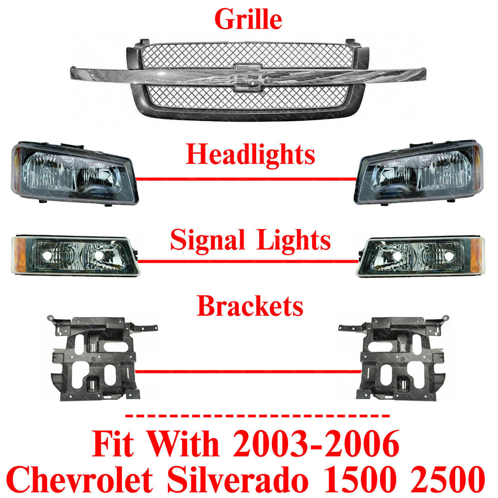 Grille + Headlight Kit + Brackets Set For 2003-06 Chevrolet Silverado 1500/ 2500