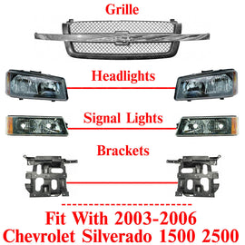 Grille + Headlight Kit + Brackets Set For 2003-06 Chevrolet Silverado 1500/ 2500