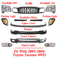 Front Primed Bumper Kit + Grille +Headlights Kit For 2001-2004 Toyota Tacoma 4WD
