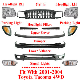 Front Primed Bumper Kit + Grille +Headlights Kit For 2001-2004 Toyota Tacoma 4WD