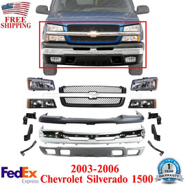 Front Bumper Chrome Steel + Grille with Headlight Kit For 2003-06 Silverado 1500