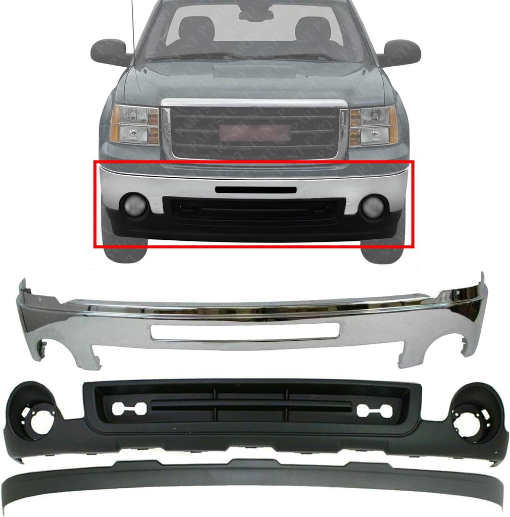 Front Bumper Chrome Steel Face Bar Valance Kit For 2007-2013 GMC Sierra 1500