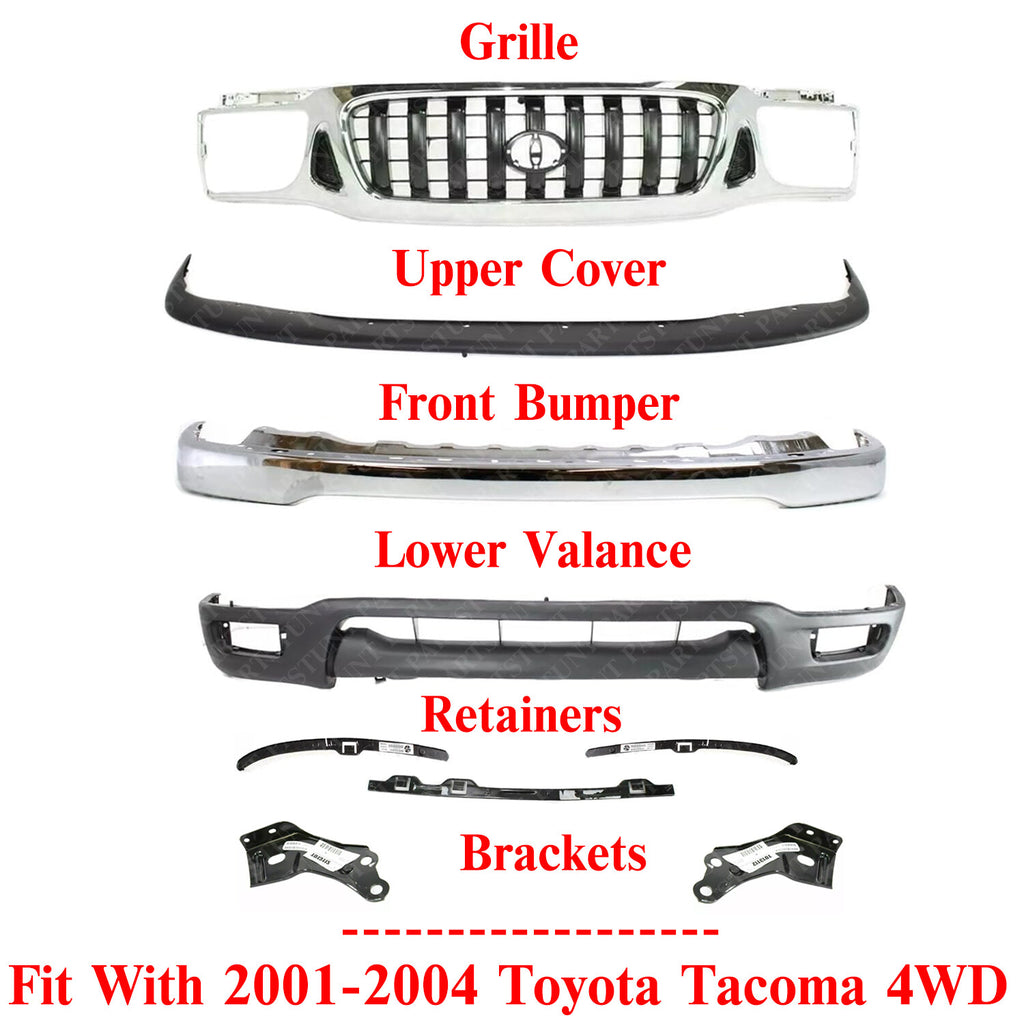 Front Grille + Bumper Chrome Kit+Brackets & Retainer Set For 01-04 Toyota Tacoma
