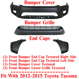 Front Bumper Cover + Lower Grille Textured + End Caps For 2012-15 Toyota Tacoma