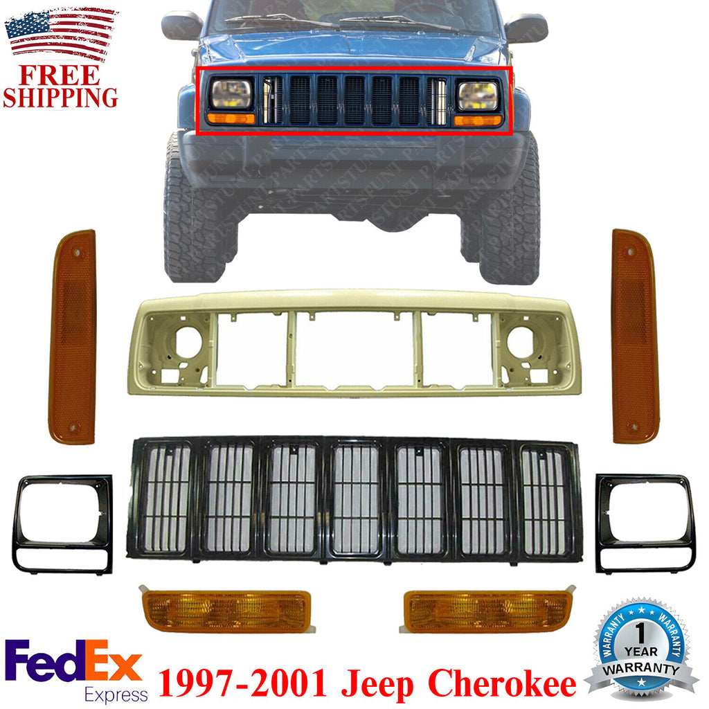 Header Panel Grille Headlight Bezel Park & Corner Lights For 97-01 Jeep Cherokee