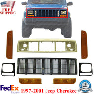 Header Panel Grille Headlight Bezel Park & Corner Lights For 97-01 Jeep Cherokee