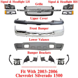 Front Bumper Chrome kit + Headlight + Brackets For 2003-06 Chevy Silverado 1500