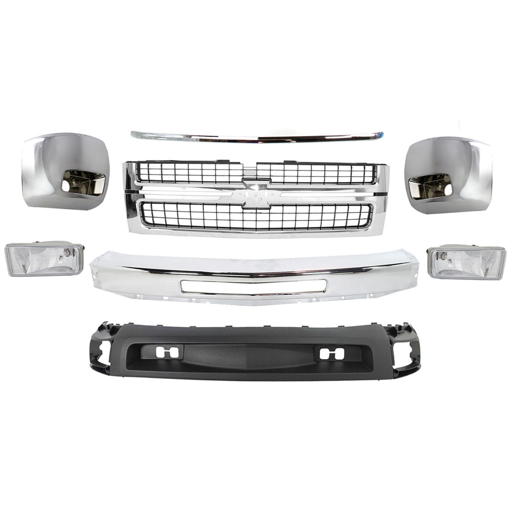 Front Bumper Chrome Steel Kit + Grille & Molding For 07-10 Silverado 2500HD 3500