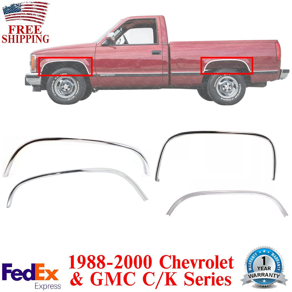 Front&Rear Fender Chrome Trim Moldings LH&RH For 1988-2000 Chevy &GMC C/K Series