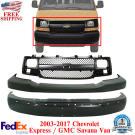 Front Bumper Primed + Upper Cover Textured + Grille For 03-17 Chevy Express Van