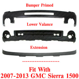 Front Bumper Primed + Lower Valance + Extension For 2007-2013 GMC Sierra 1500
