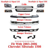 Front Bumper Chrome Steel + Headlight with Grille Kit For 2003-06 Silverado 1500