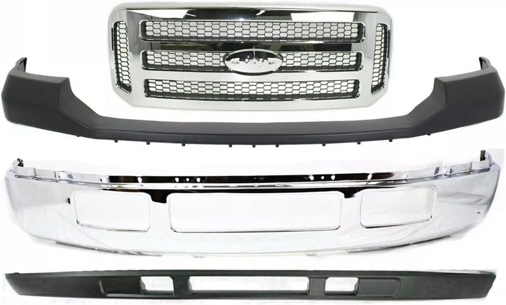 Front Bumper Chrome + Grille + Upper & Low Cover For 2005 - 2007 Ford F250 F350