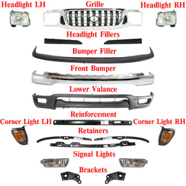 Front Bumper Chrome Complete Kit + Grille Lights For 2001-2004 Toyota Tacoma