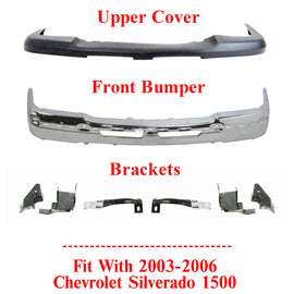 Front Bumper Chrome + Upper Cover + Brackets For 2003-06 Chevy Silverado 1500