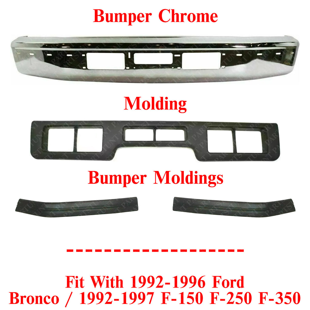 Front Bumper Chrome + Bumper Molding For 92-97 Ford F-150-350 /92-96 Ford Bronco