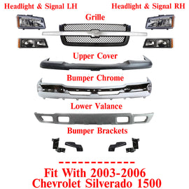 Front Bumper Chrome Steel Kit w/ Headlights Grille For 2003-2006 Silverado 1500