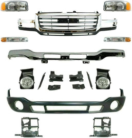 Front Bumper Chrome Kit + Grille + Lights for 2003-2006 GMC Sierra 2500HD 3500