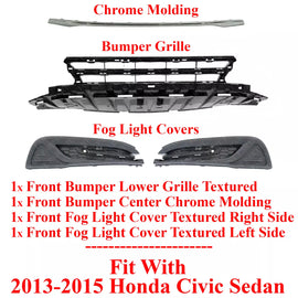 Front Bumper Grille + Molding + Fog Light Covers For 2013-2015 Honda Civic Sedan