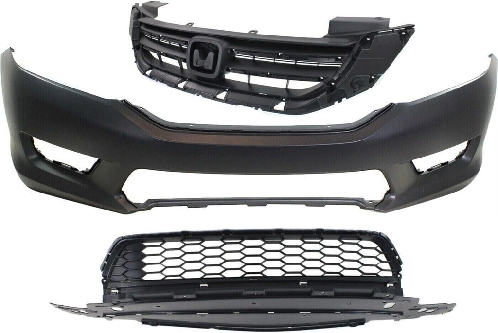 Front Bumper Cover Primed + Upper & Lower Grill For 2013-2015 Honda Accord Sedan