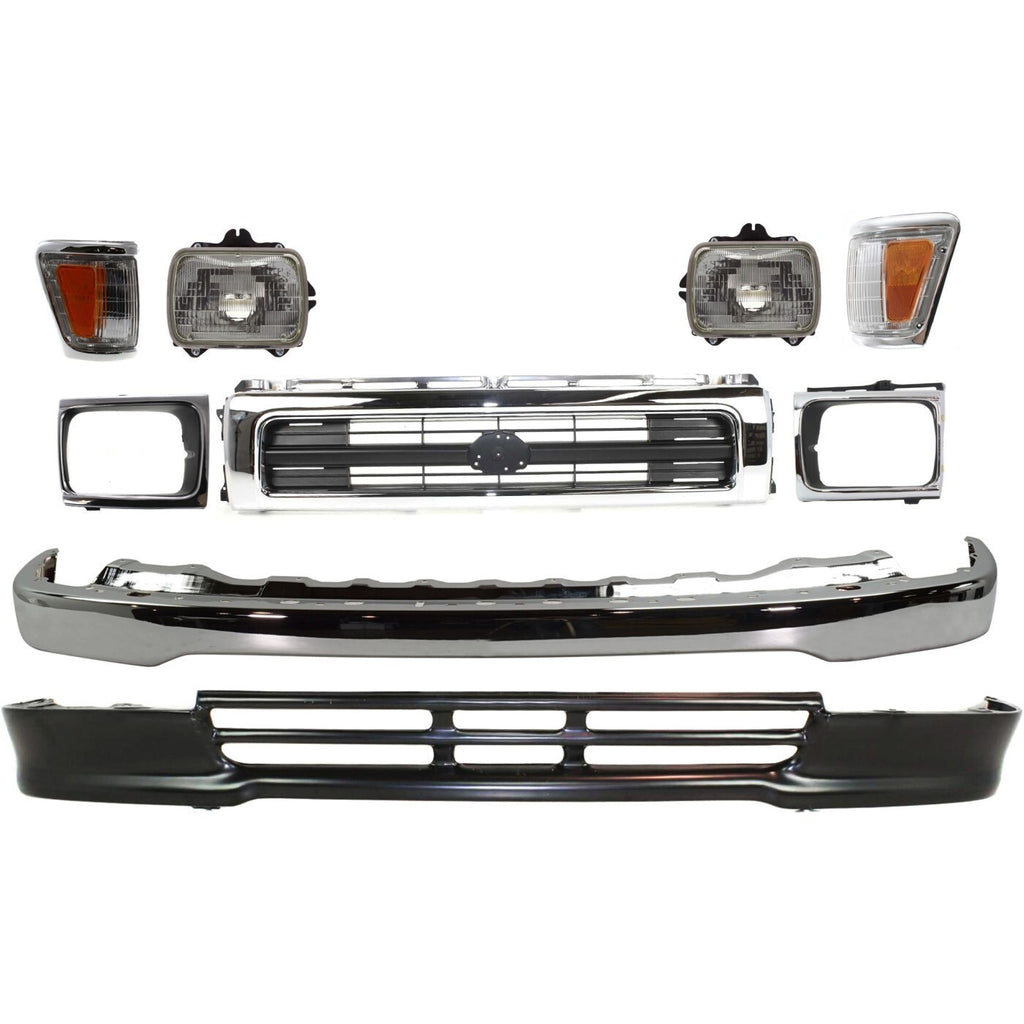 Bumper and Headlight Kit For 1992-1995 Toyota Pickup Front 4WD Chrome Steel
