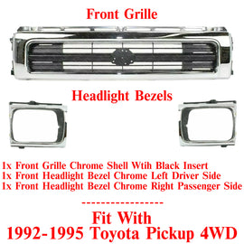 Front Grille & Headlight Bezels Chrome For 1992-1995 Toyota Pickup 4WD