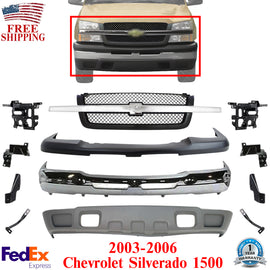 Front Chrome Bumper Kit + Brackets + Grille For 2003-2006 Chevy Silverado 1500