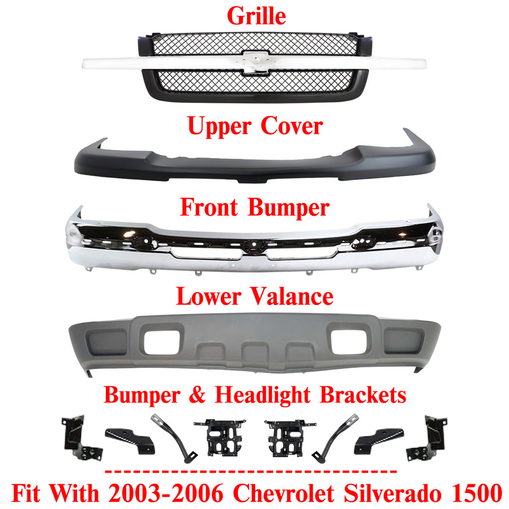 Front Chrome Bumper Kit + Brackets + Grille For 2003-2006 Chevy Silverado 1500
