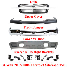 Front Chrome Bumper Kit + Brackets + Grille For 2003-2006 Chevy Silverado 1500