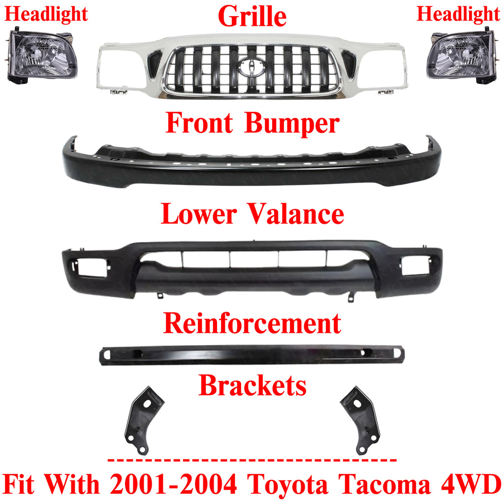Front Chrome Grille + Black Primed Bumper + Lower Valance + Reinforcement + Headlights + Bumper Brackets for 2001–2004 Toyota Tacoma 4WD