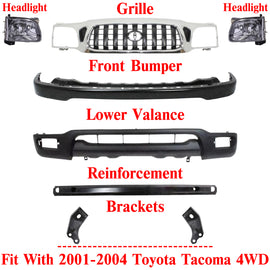 Front Chrome Grille + Black Primed Bumper + Lower Valance + Reinforcement + Headlights + Bumper Brackets for 2001–2004 Toyota Tacoma 4WD