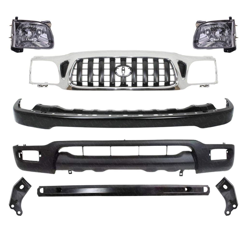 Front Chrome Grille + Black Primed Bumper + Lower Valance + Reinforcement + Headlights + Bumper Brackets for 2001–2004 Toyota Tacoma 4WD