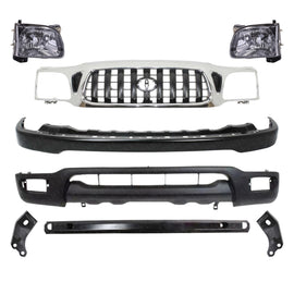 Front Chrome Grille + Black Primed Bumper + Lower Valance + Reinforcement + Headlights + Bumper Brackets for 2001–2004 Toyota Tacoma 4WD