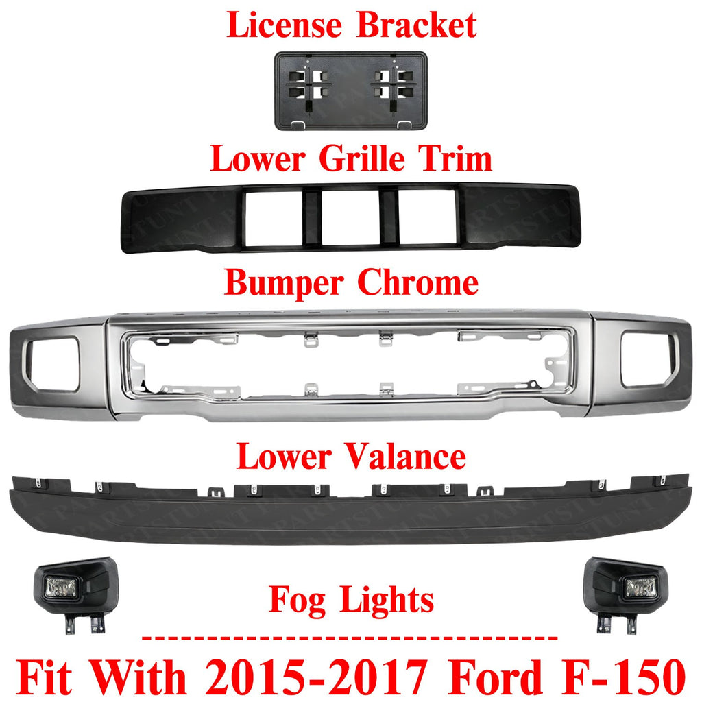 Front Bumper Chrome Steel and Fog Lights Assembly Kit For 2015-2017 Ford F-150