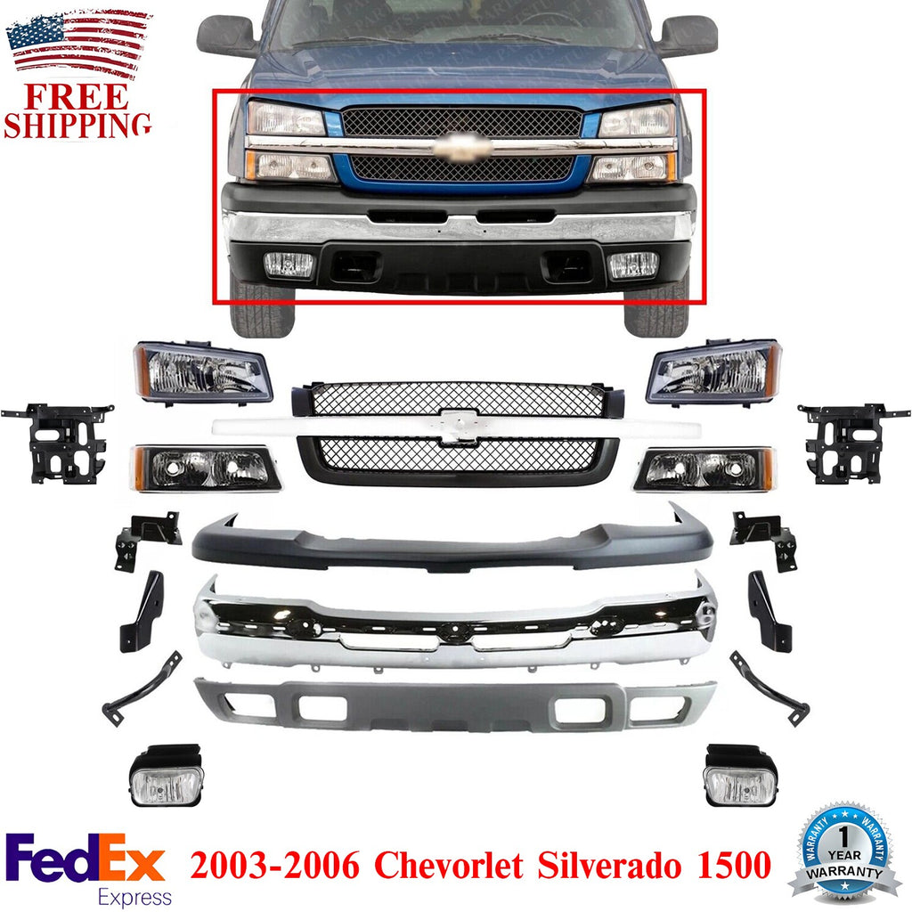 Front Bumper Chrome Steel Complete Kit For 2003-2006 Chevrolet Silverado 1500