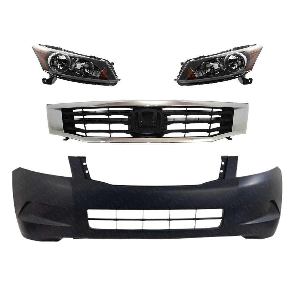 Front Bumper Cover Primed & Headlight Assembly Kit For 2008-2010 Honda Accord